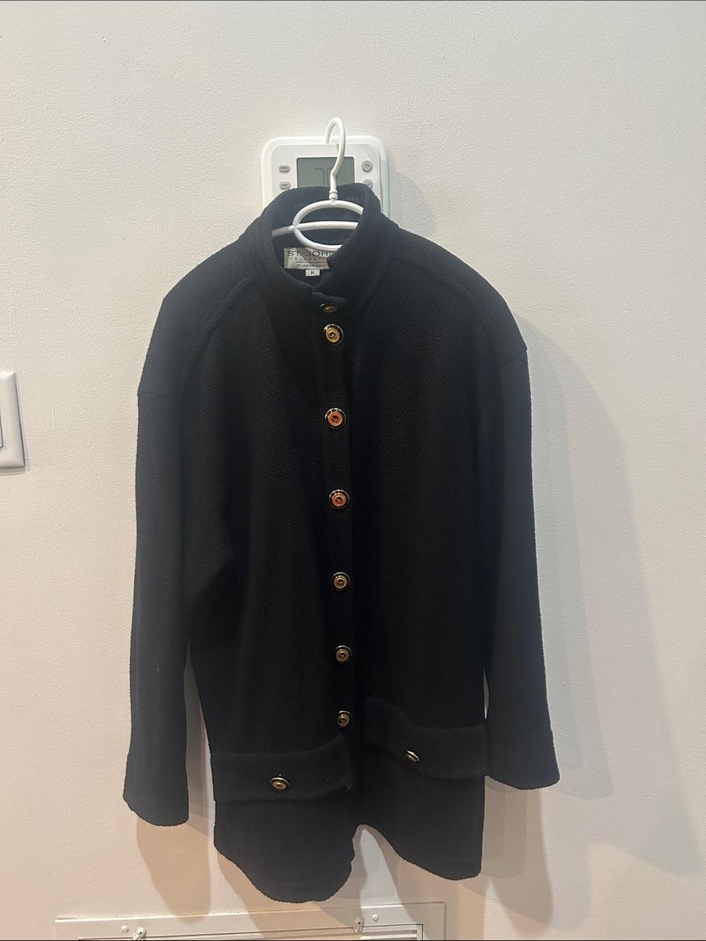 St. John Collection Black Knit Pea Coat with Gold Buttons